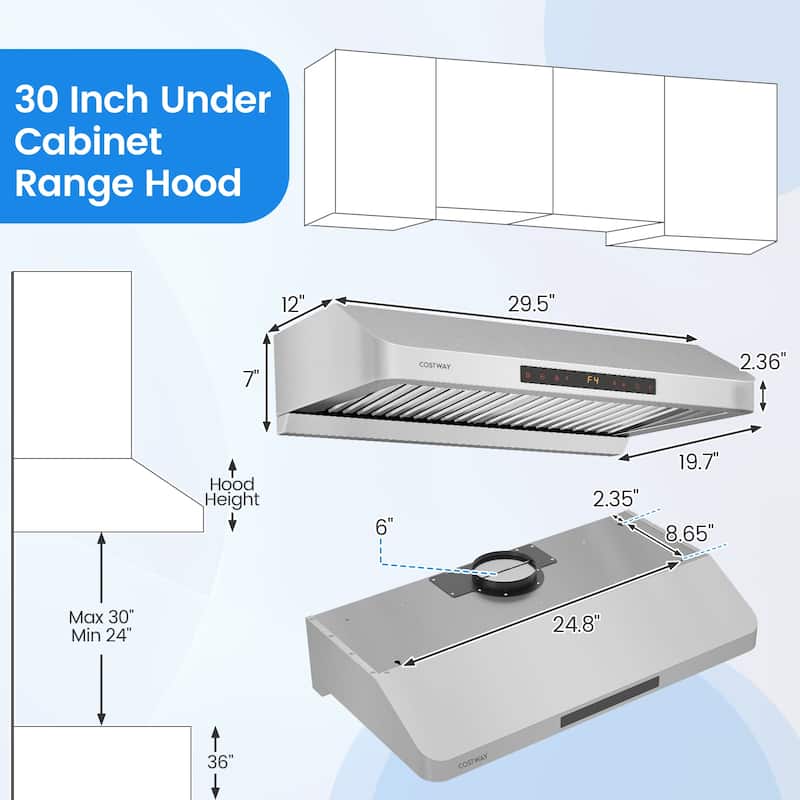 Gymax 30 Inch 900 CFM Under Cabinet Range Hood w/Oil Collector 4 Fan
