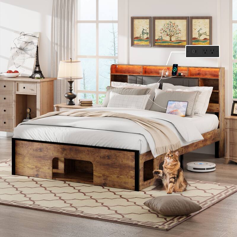 Brown Queen Size Platform Bed with Upholstered Headboard,Charging Station and LED