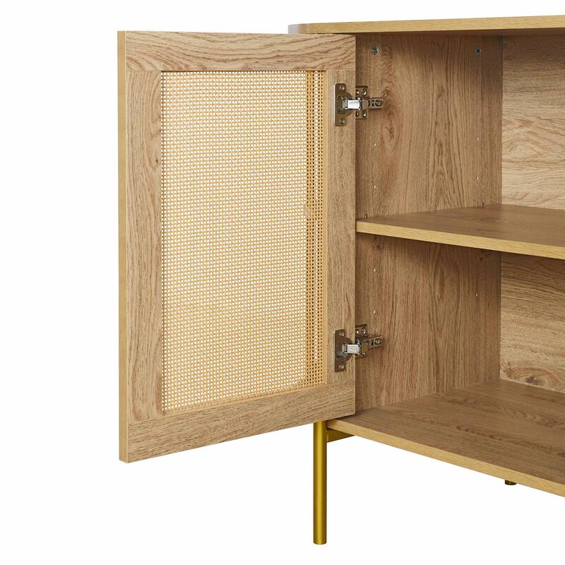2-Door Curved Dining Cabinet - Elegant with Gold Trim and Woven Rattan Doors