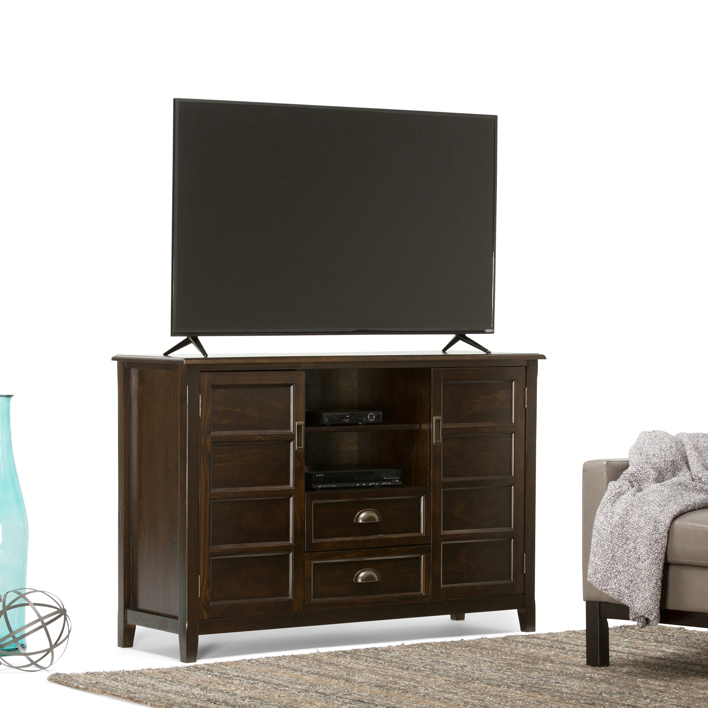 WYNDENHALL Portland SOLID WOOD 54 inch Wide Transitional TV Media Stand For TVs up to 60 inches - 54"w x 17.5"d x 36" h