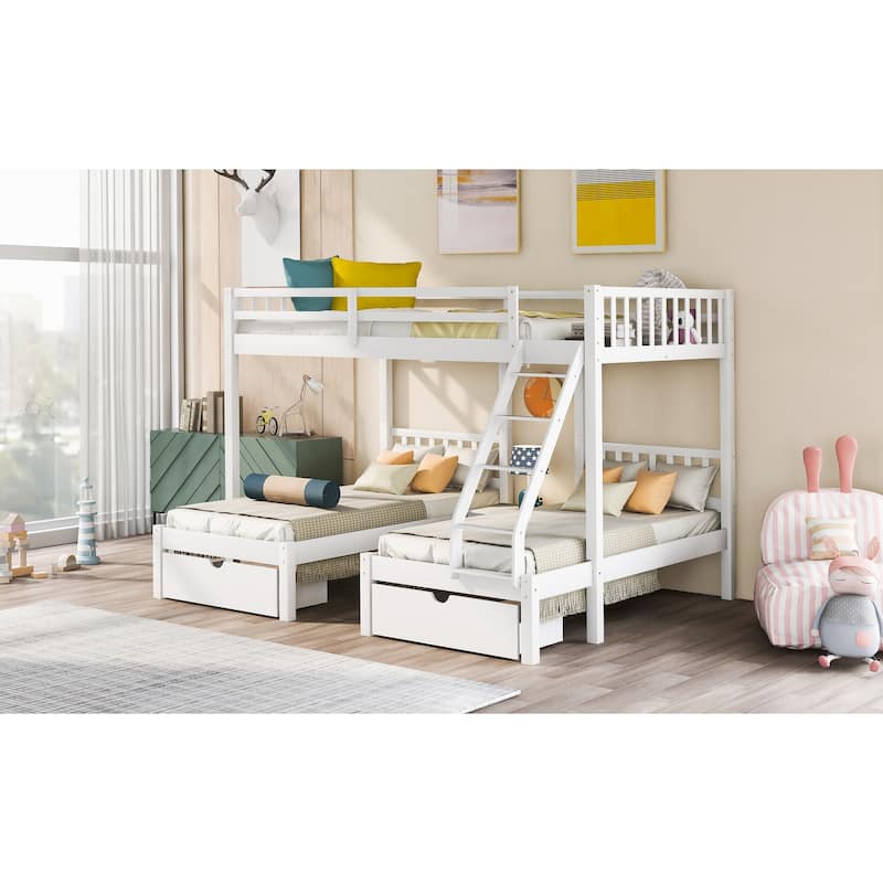 Full Over Twin Twin Bunk Bed with Drawers, Guardrails, and Storage Shelf