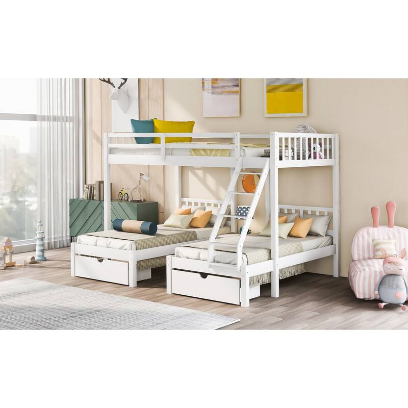 Full Over Twin Wood Triple Bunk Bed with Drawers, Guardrails, and Angled Ladder - Space-Saving Design