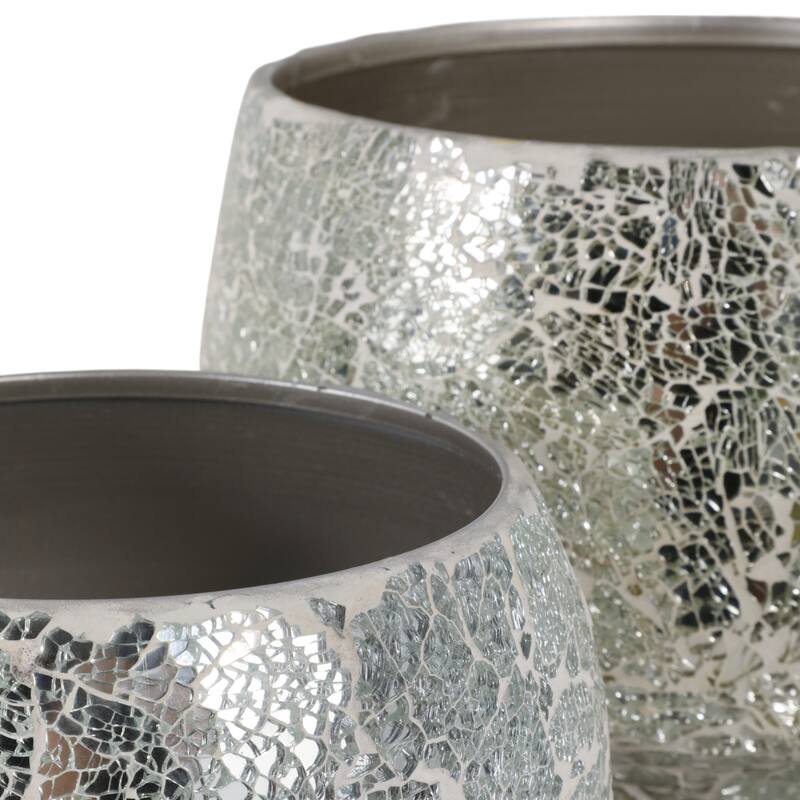 Metal Planters Mirrored Mosaic Surface Modern Accent Home (Set of 2)