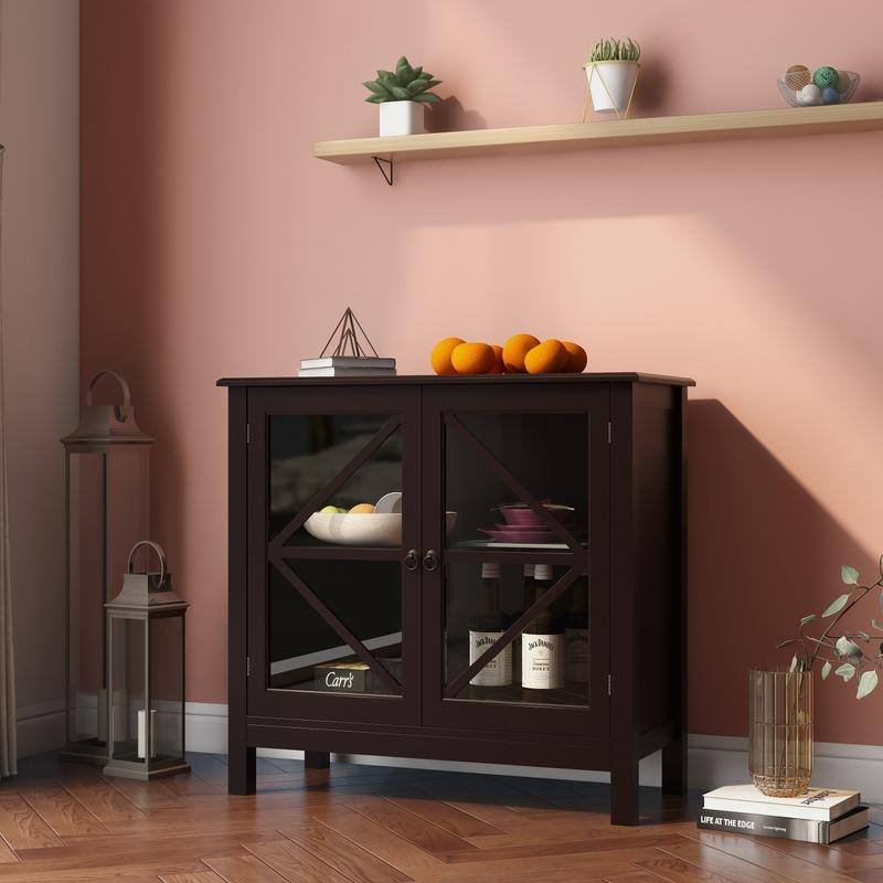 Retro Style Wood Storage Cabinet with Glass Doors For Kitchen or Living Room Use