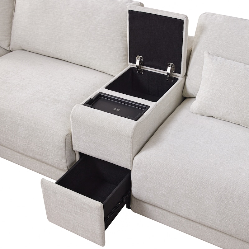 124'' Modular Sectional Sofa with Storage Console and Movable Ottoman, 4-Seat, Chenille, Beige