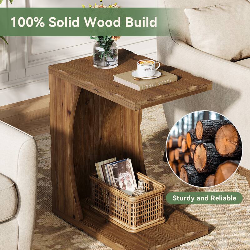 Solid Wood End Table, Narrow C Shaped Side Table with 2-tier Storage