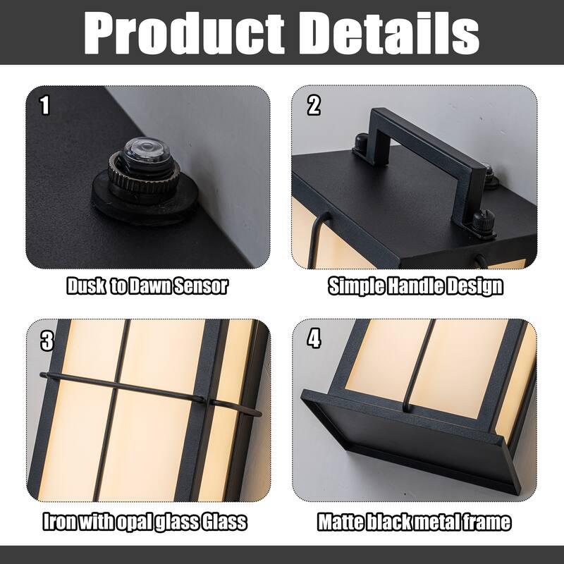 16 in. Black Outdoor Integrated 16W LED Wall Lantern with Frosted Panels and Dusk-to-Dawn Sensor for Porch & Garage - W5''