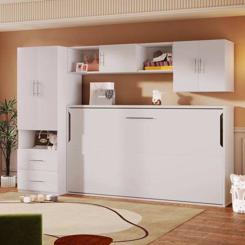Twin Size Murphy Bed with Open Shelves, Storage Drawers & Wardrobe