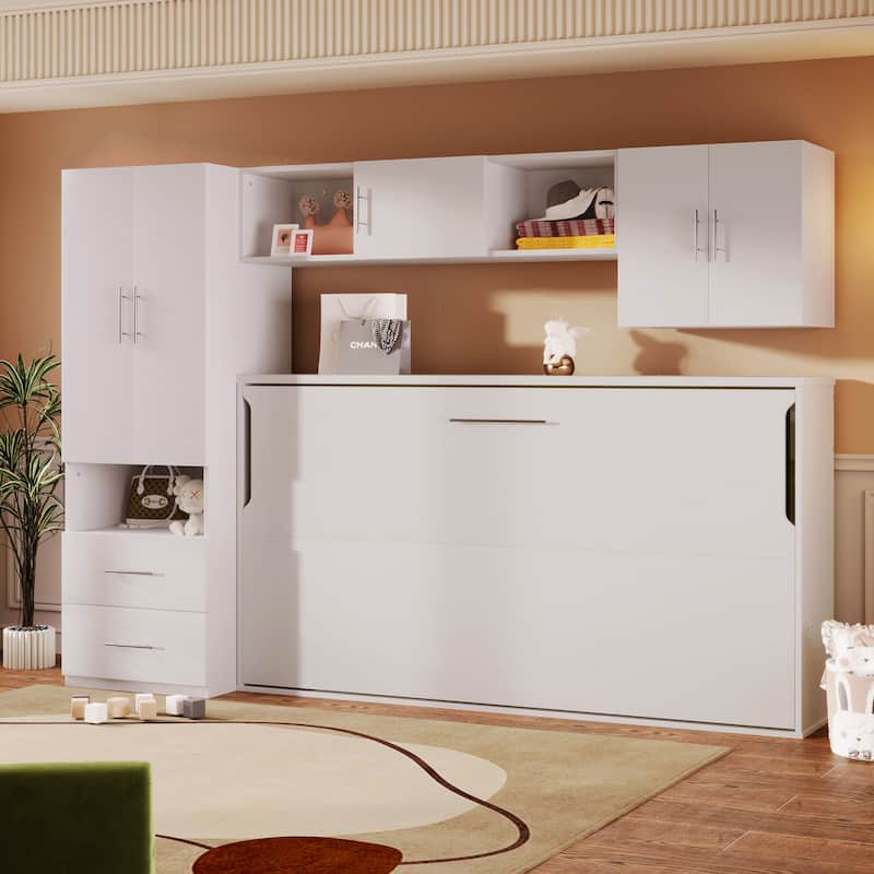 Twin Size Wall Bed with Shelves, Storage Drawers, Wardrobe, and Desk, White