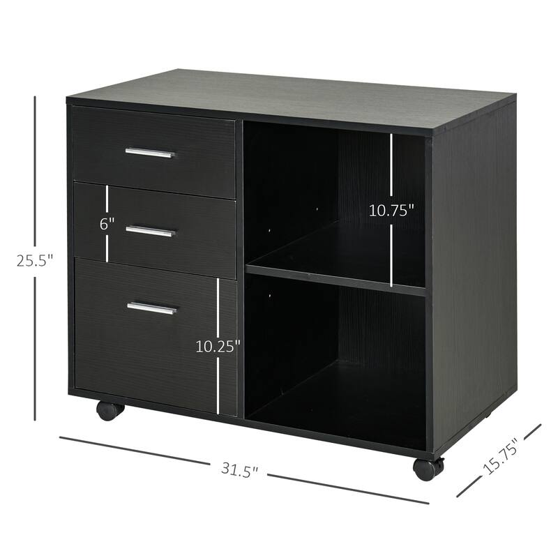 HOMCOM Indoor Office Storage Cabinet with 3 Storage Drawers, Open Shelving, & Wheels