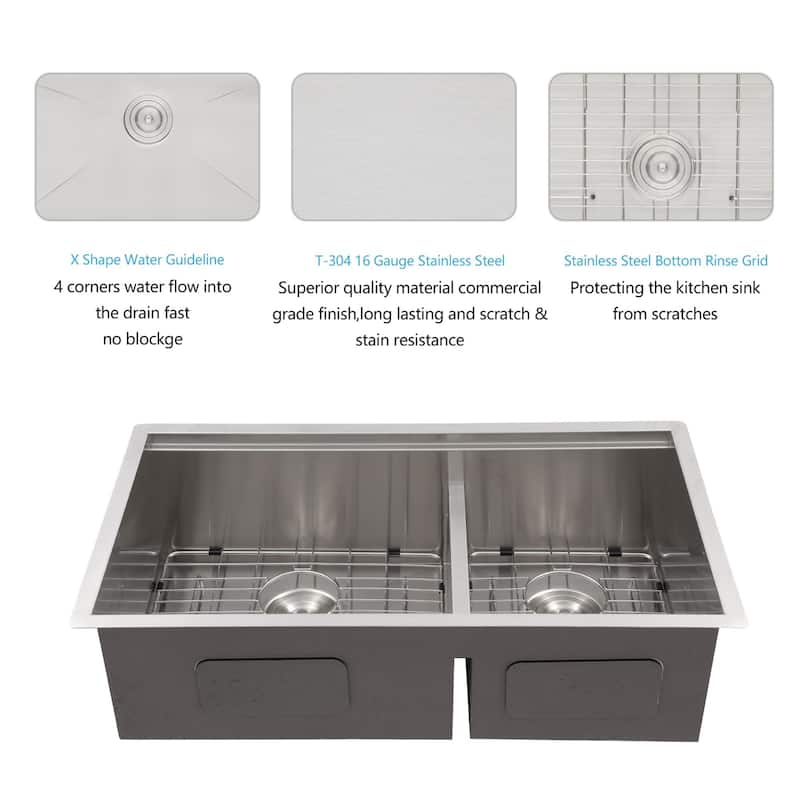 30-inch Undermount Kitchen Sink Low Divide Double Bowl 50/50 Prep Workstation Sink 16 Gauge Stainless Steel Kitchen Sink Basin