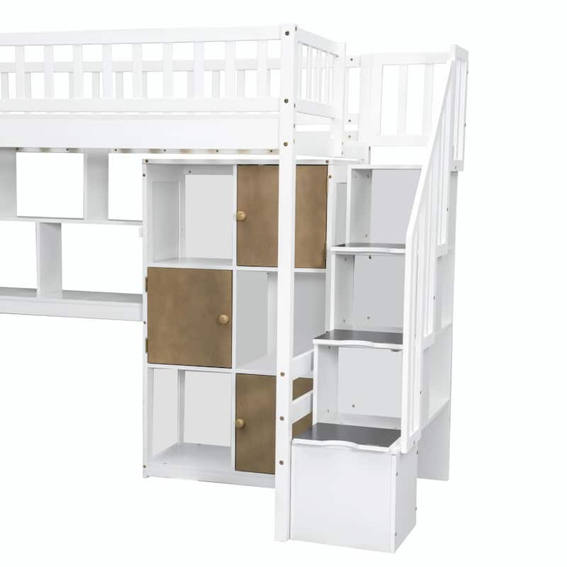 Wooden Twin Loft Bed with Built-in Desk, LED Lights, Storage Shelves, Cabinets & Staircase