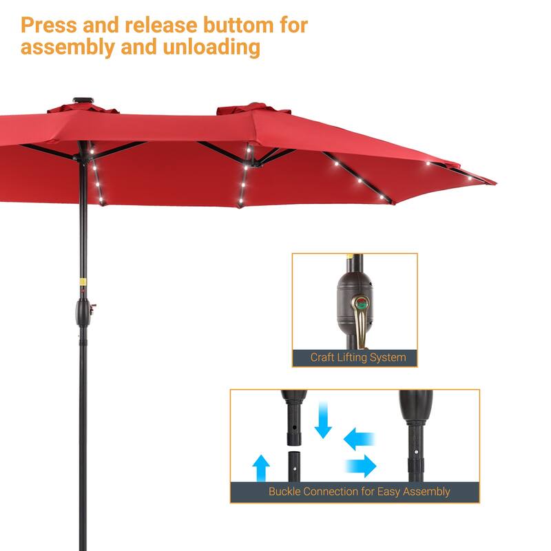 Livoosun 15×9FT LED Double-sided Patio Umbrella with BASE UPF50+ and Handle, and Wind-Resistant Design
