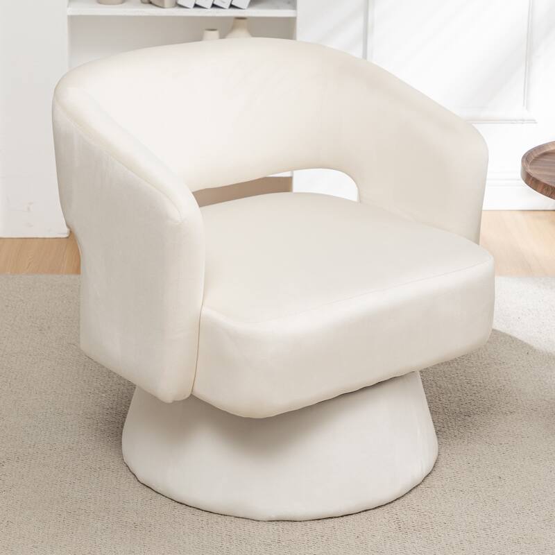 White Modern 30.1" Upholstered 360° Swivel Barrel Chair with Open Backrest and Solid Wood Frame