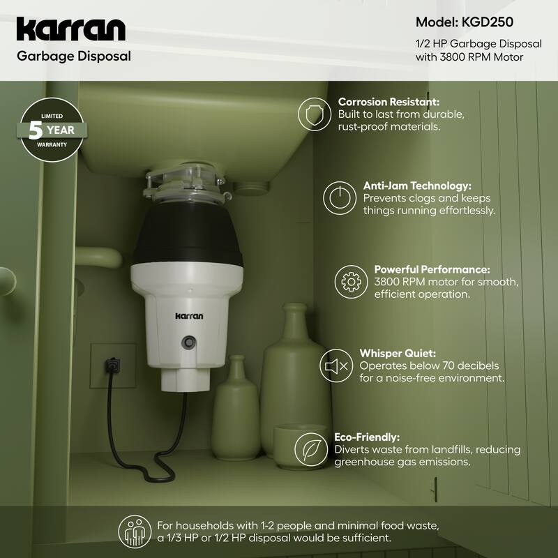 1/2 HP Continuous Feed Garbage Disposal for Kitchen Sinks with Power Cord and Accessories Included - Black and Grey