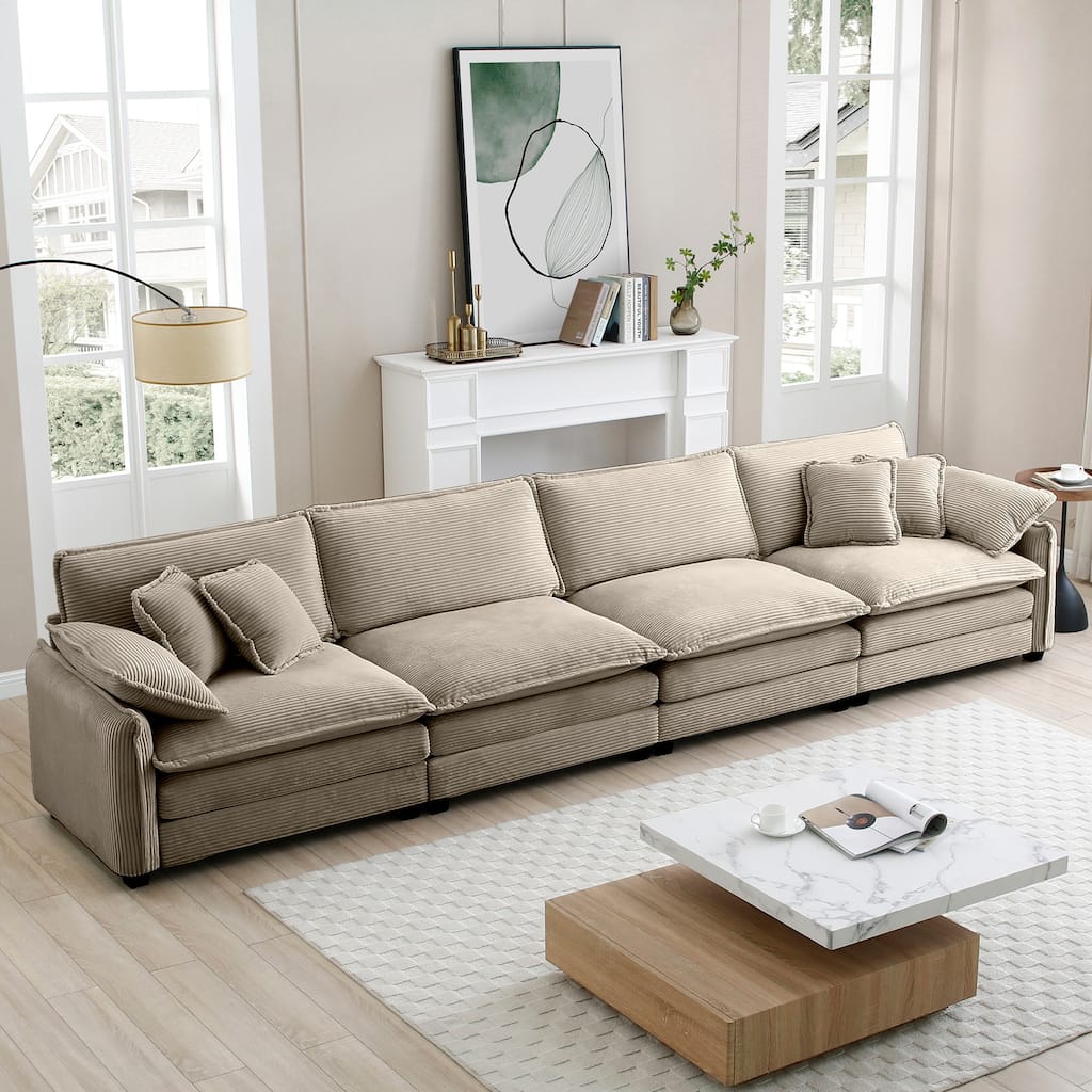 Roomfitters Tan Corduroy Modern Upholstered 4-Seater Sofa, Classic Chesterfield Couch
