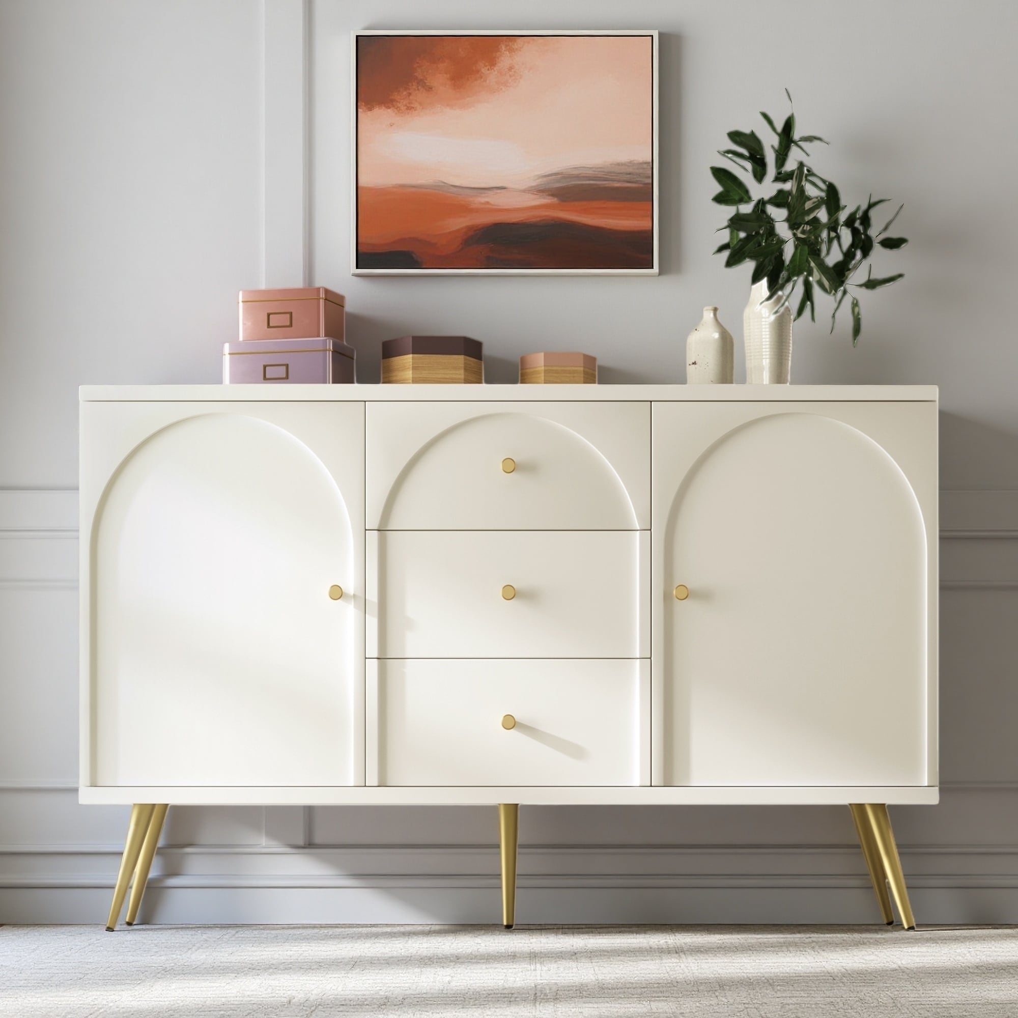 55.12" Wood and Metal Dining Cabinet with 3 Drawers and 2 Doors, Modern Sideboard Storage for Dining Room, Living Room