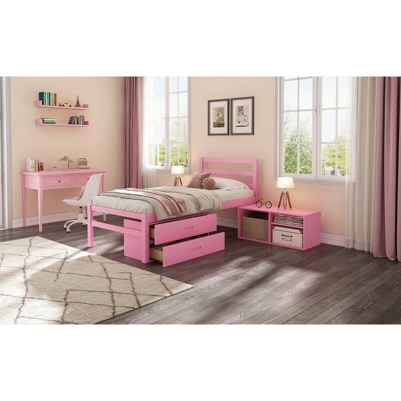 Wood Bed with Removable Shelves & 2 Storage Drawers