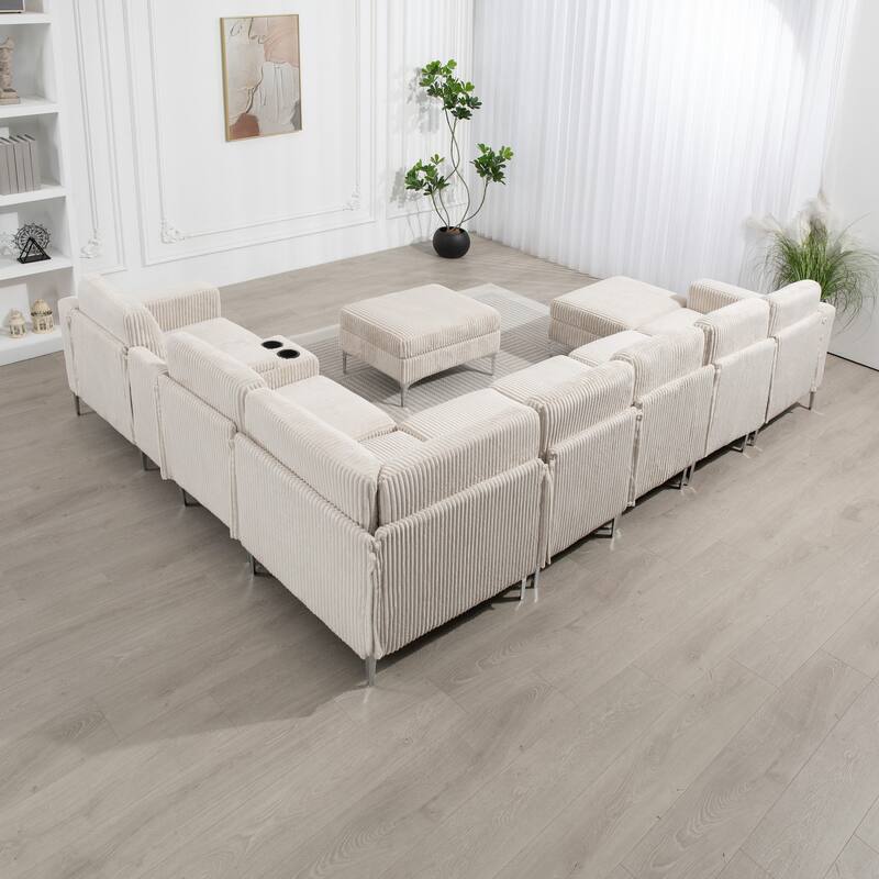 Modular Corduroy Sectional Sofa Convertible 6-Seat Couch with USB Ports, Storage Ottomans and Cup Holder for Living Room