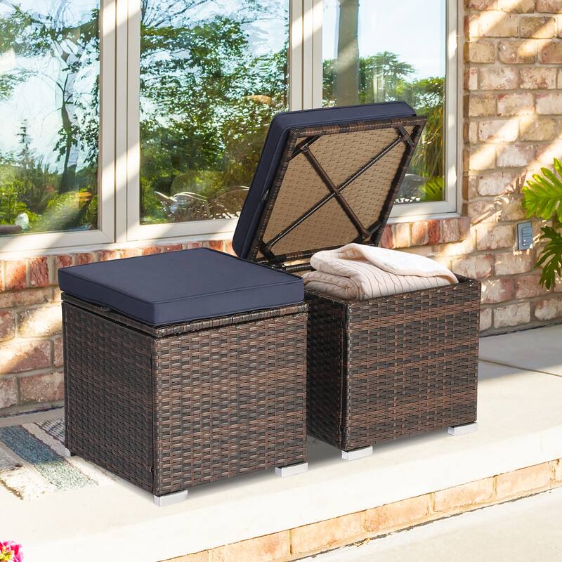 Costway 2PCS Patio Rattan Ottomans Seat Side Table Storage Box - See Details