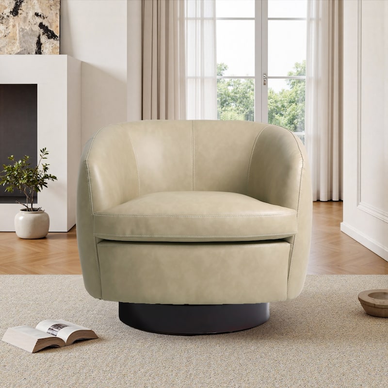 Leather Upholstered Swivel Barrel Accent Chair With Wood Base