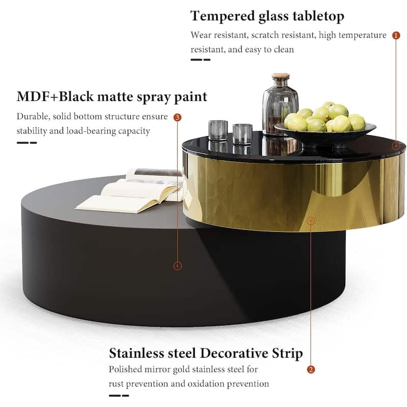 Luxury Round Coffee Table with 2 Tier Rotatable Top Circle Coffee Table with 360° Swivel Top for Living Room Apartment