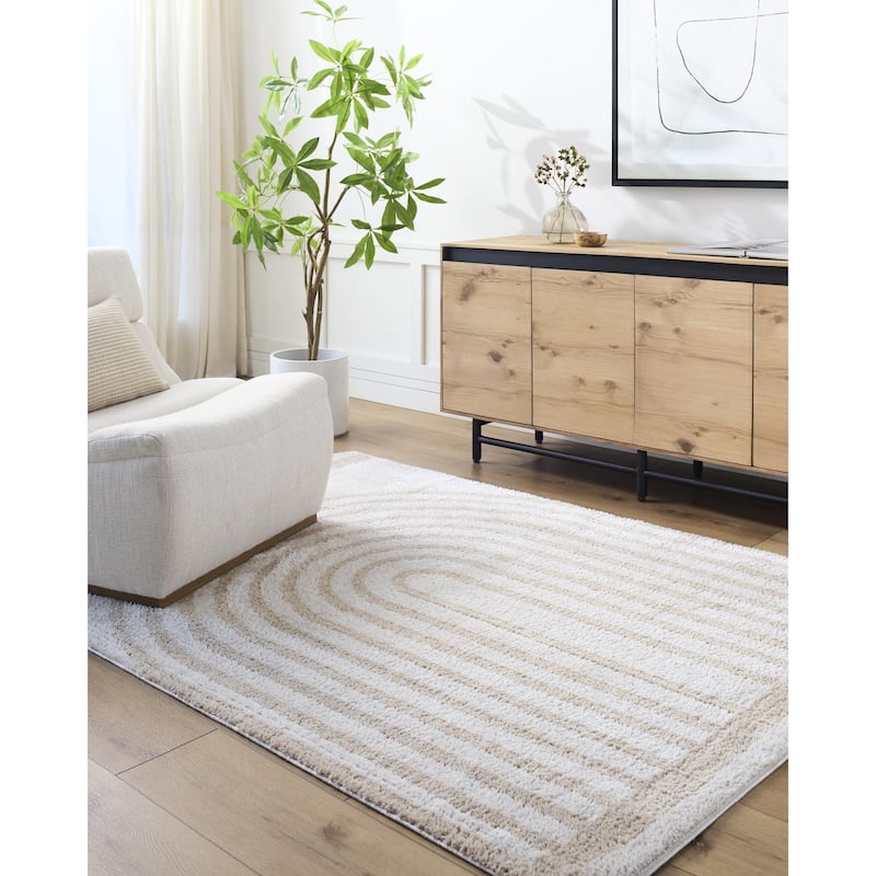 Livabliss Fossay Shag Modern & Contemporary Stripe Washable Area Rug - Beige - 5' 3" x 7'