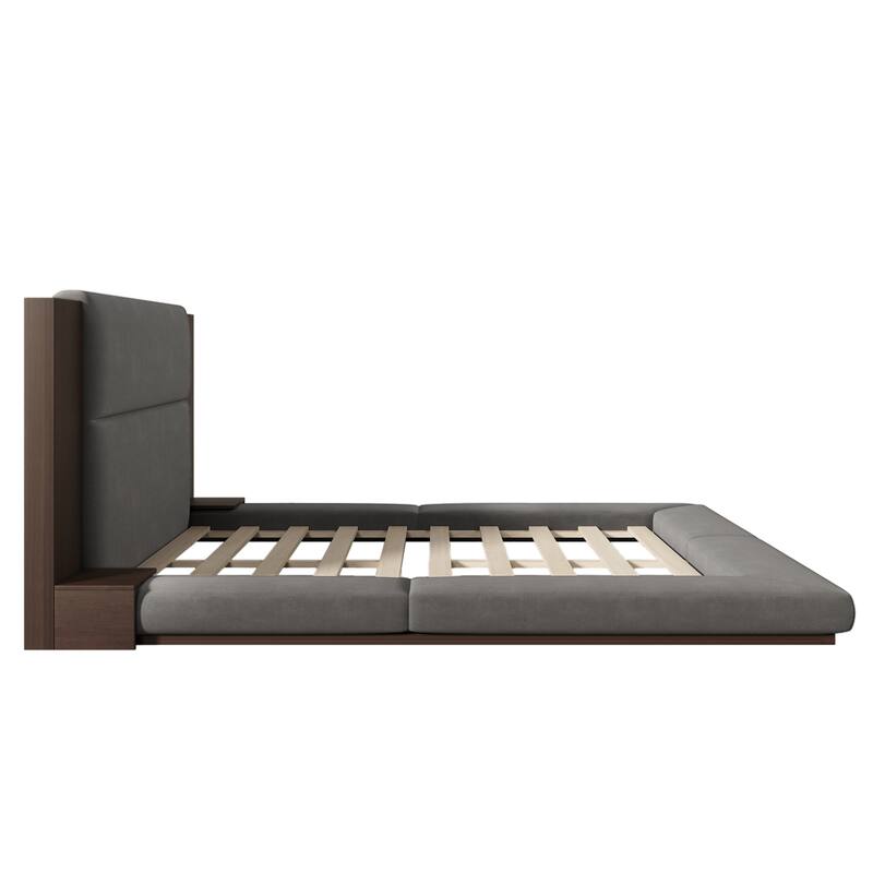 Floor Upholstered Platform Bed with Extended Wood Headboard & Bedside Shelf