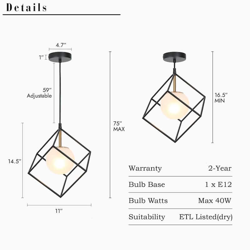 Ottilie Modern Black Gold 1-Light Cage Kitchen Island Pendant Lights with Frosted Glass - L 11" x W 11" x H 14.5"