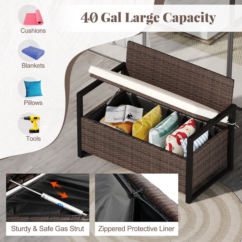 Patio Rattan Storage Bench with 40 Gallon Deck Box and Seat Cushion for Backyard or Garden - 24.5" x 46" x 33.5"