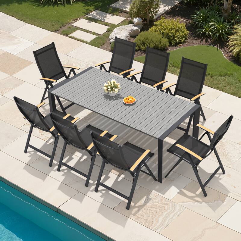 7/9/11-Piece Outdoor Dining Set Patio Aluminum Dining Table and Adjustable Folding Chairs - Dark Grey - Set of 9