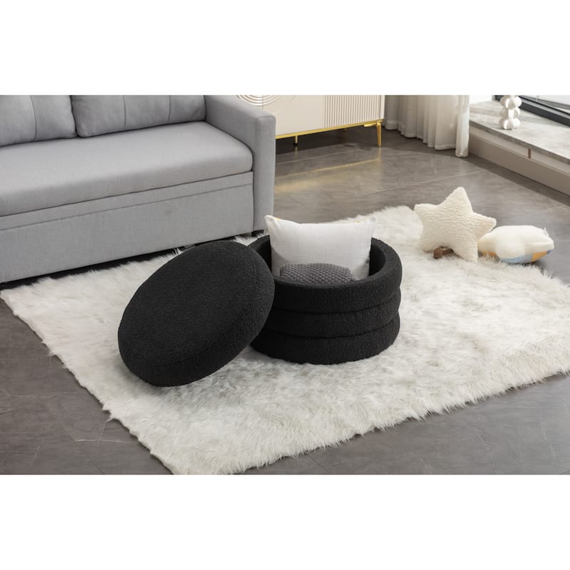 Boucle Fabric Storage Round Ottoman Footstool With Wooden Shelving,Black