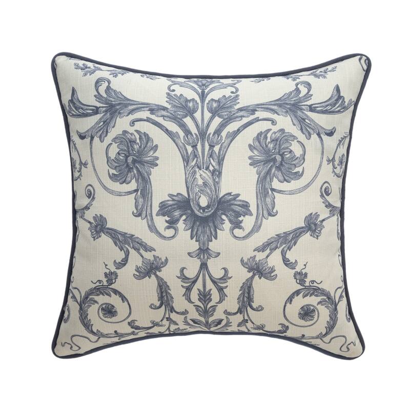 Reversible Damask Floral Outdoor Patio Square Throw Pillow - 20" - Cream and Blue