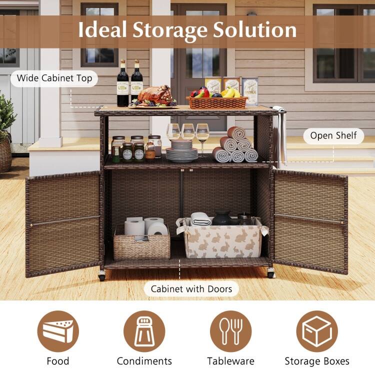 Mix Brown PE Rattan and Acacia Wood Outdoor Storage Cabinet with Wheels - 37.5" × 21" × 33.5"