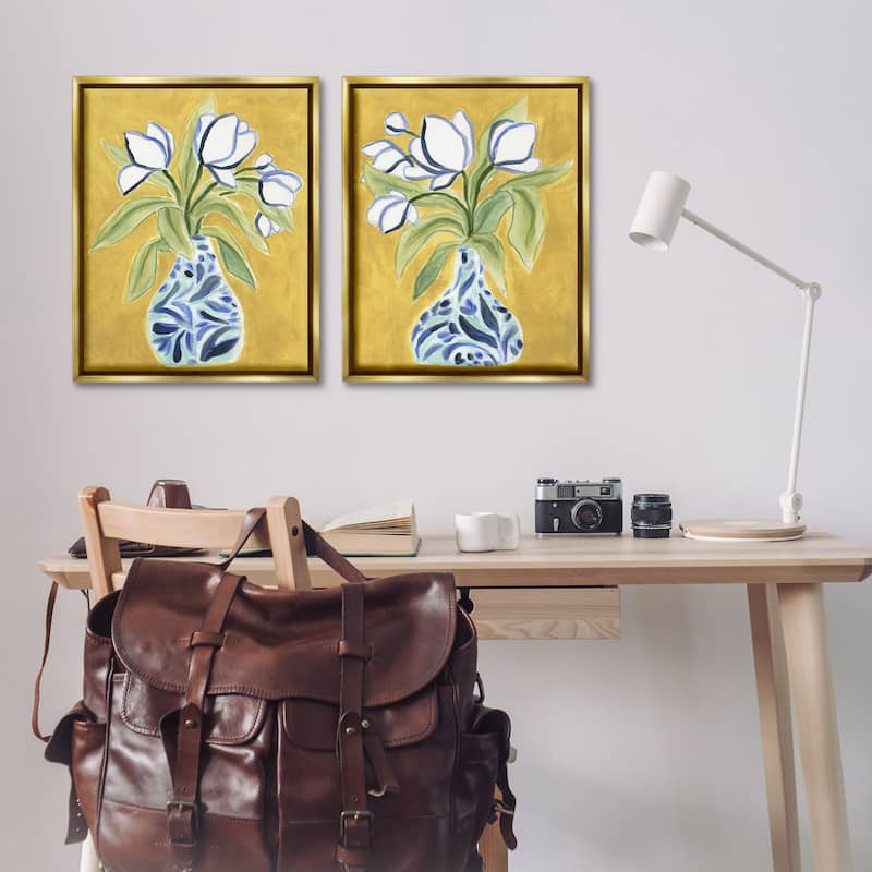 Stupell Tulip Vases on Yellow Framed Floater Canvas Wall Art Design By June Erica Vess (Set of 2)