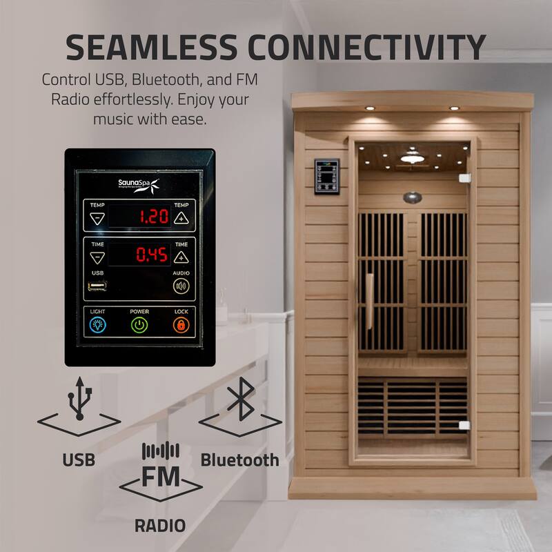 SaunaSpa 2-Person 1.8KW Carbon FAR Infrared Infrared Hemlock Wooden Indoor Home Sauna Room with LED Touch Control Panel