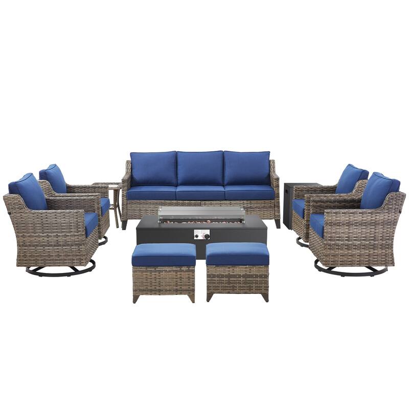 Glissia 9-Piece Gray Wicker Fire Pit Conversation Set with Modern Steel Fire Pit