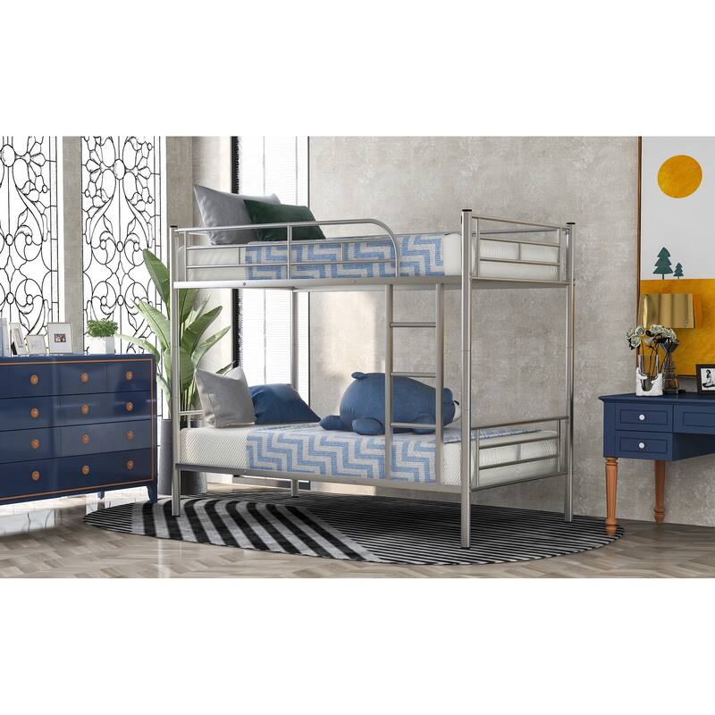 Silver Twin Over Twin Metal Bunk Bed with Safety Guardrails & Space-Saving Design