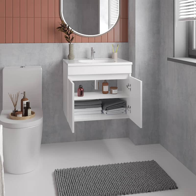 Floating,Wide Double Door Vanity, With Resin Sink And Two Shelves,Bathroom Storage