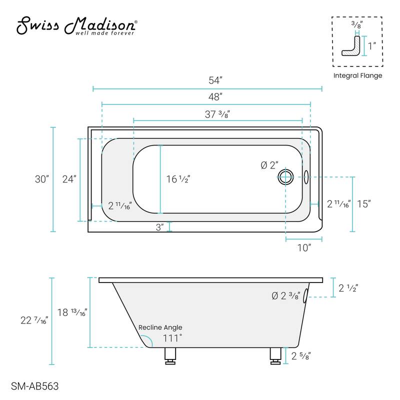 Swiss Madison SM-AB563 Voltaire 54" Three Wall Alcove Acrylic Soaking