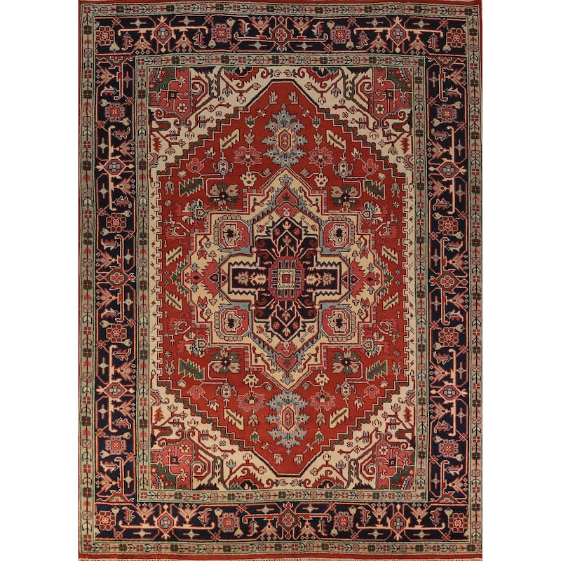 Geometric Heriz Serapi Indian Area Rug Hand-Knotted Wool Carpet - 8'11"x 11'7"