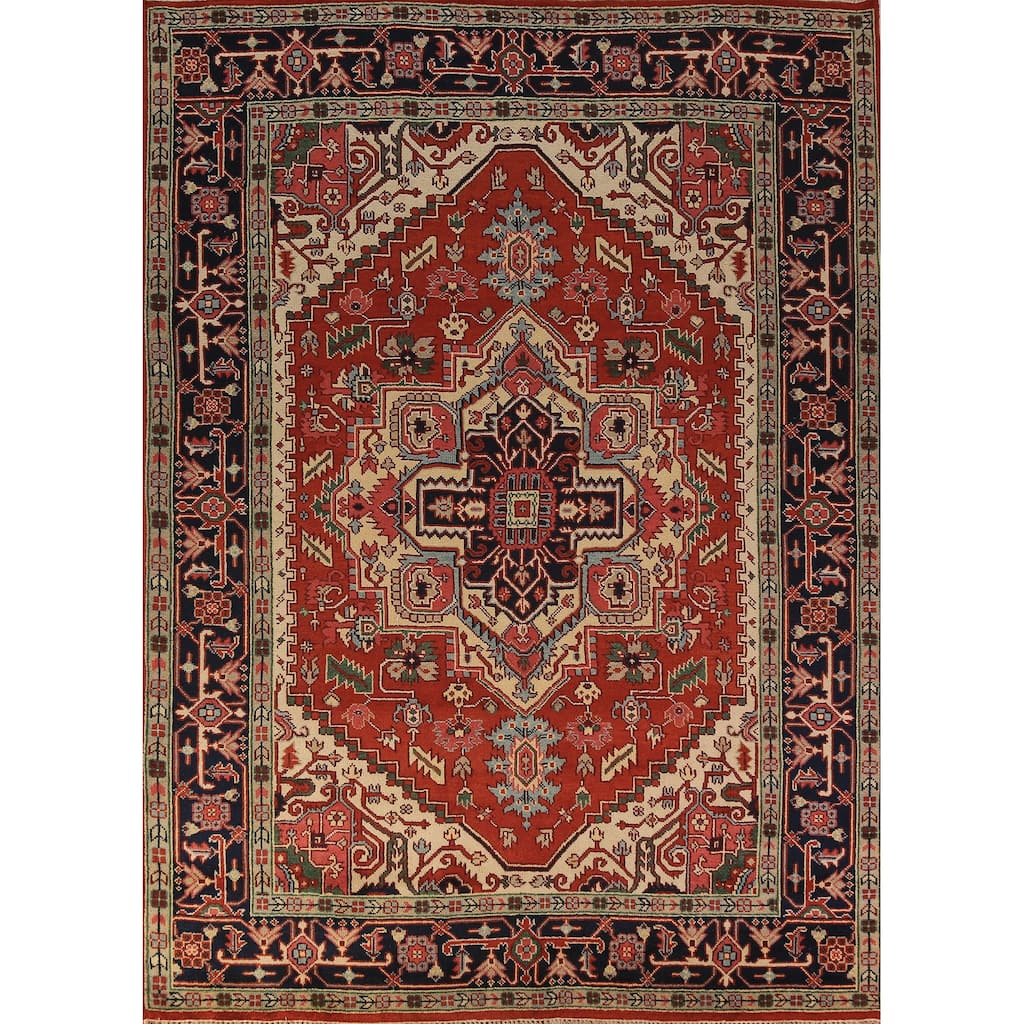 Geometric Heriz Serapi Indian Area Rug Hand-Knotted Wool Carpet - 8'11"x 11'7"