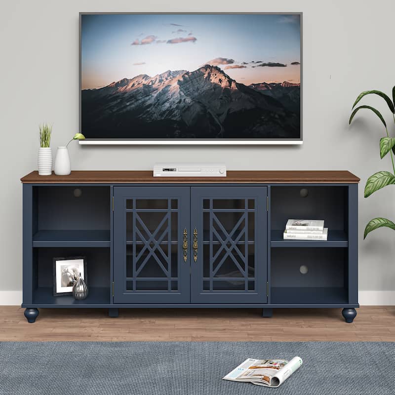 Vintage TV Stand with Carved Doors for Large Size TV - 70"W x 30"H x 15.5"D - Navy