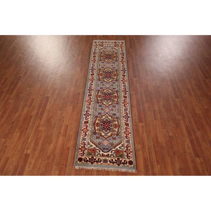 Geometric Gray Heriz Serapi Indian Runner Rug Hand-Knotted Wool Carpet - 2'6"x 9'10"