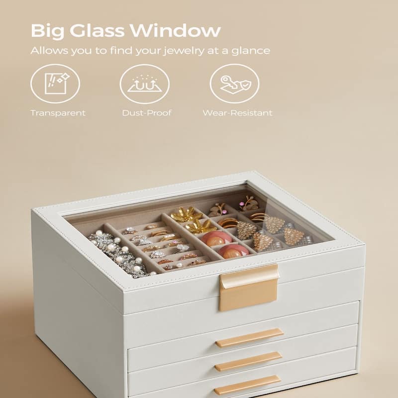 Modern Jewelry Organizer with Multiple Drawers Glass Top and Velvet Interior for Storage