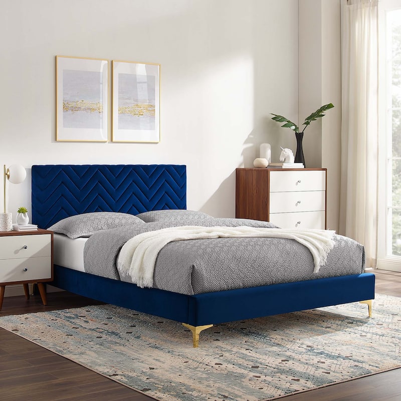 Leah Chevron Tufted Performance Velvet Twin Platform Bed - Blue