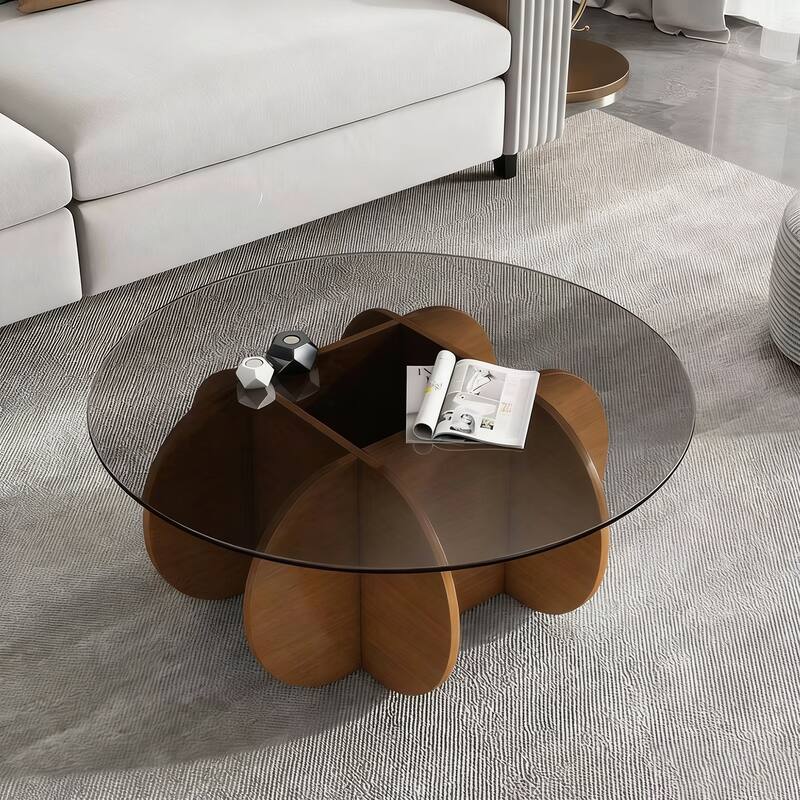 Modern Round Coffee Table for Living Room, Mid Century Center Table with Tempered Glass Top and Wood, Walnut