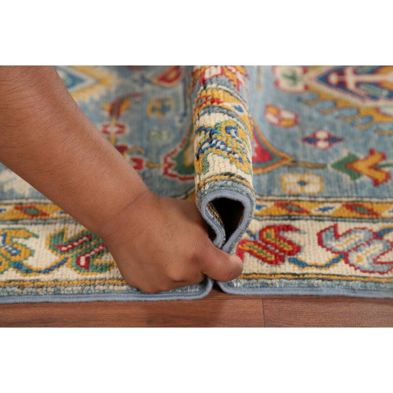Light Blue Geometric Kazak Runner Rug Hand-Knotted Wool Carpet - 2'8" x 9'6"
