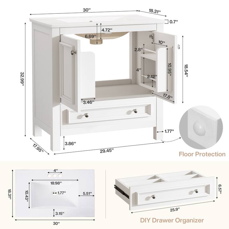 30 Inches Modern Bathroom Vanity Cabinet with Ceramic Basin & 1 Drawer