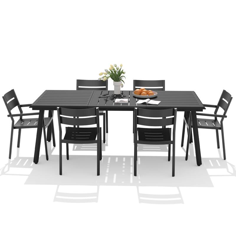 7/9-PC Outdoor Aluminum Dining Table Set with Stackable Chairs Umbrella Hole - 82.7inTable-Black